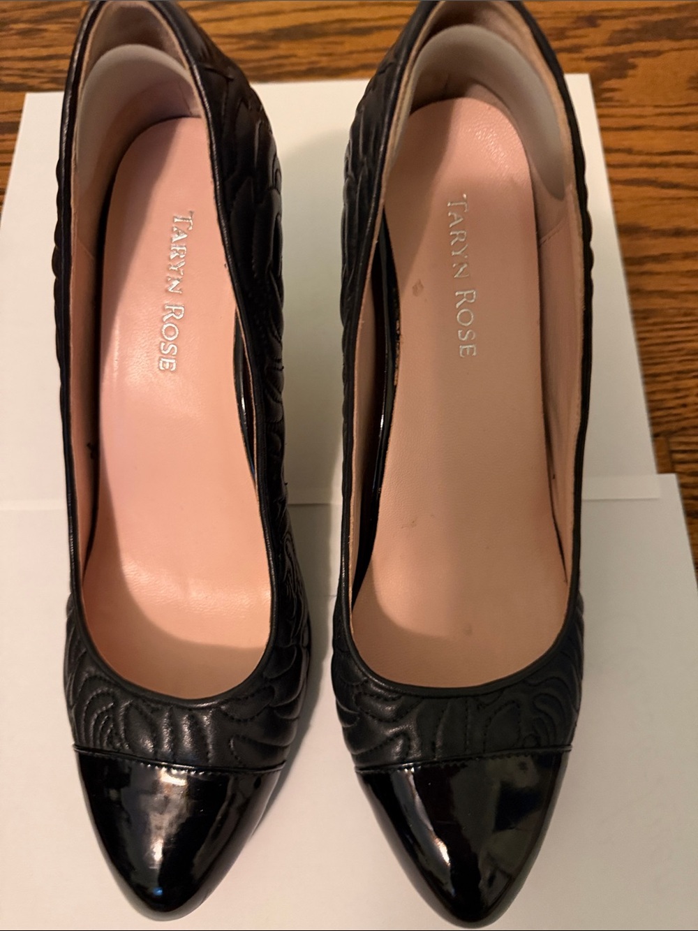 Taryn Rose Black Quilted Leather Pointed Toe Pumps with Patent Cap